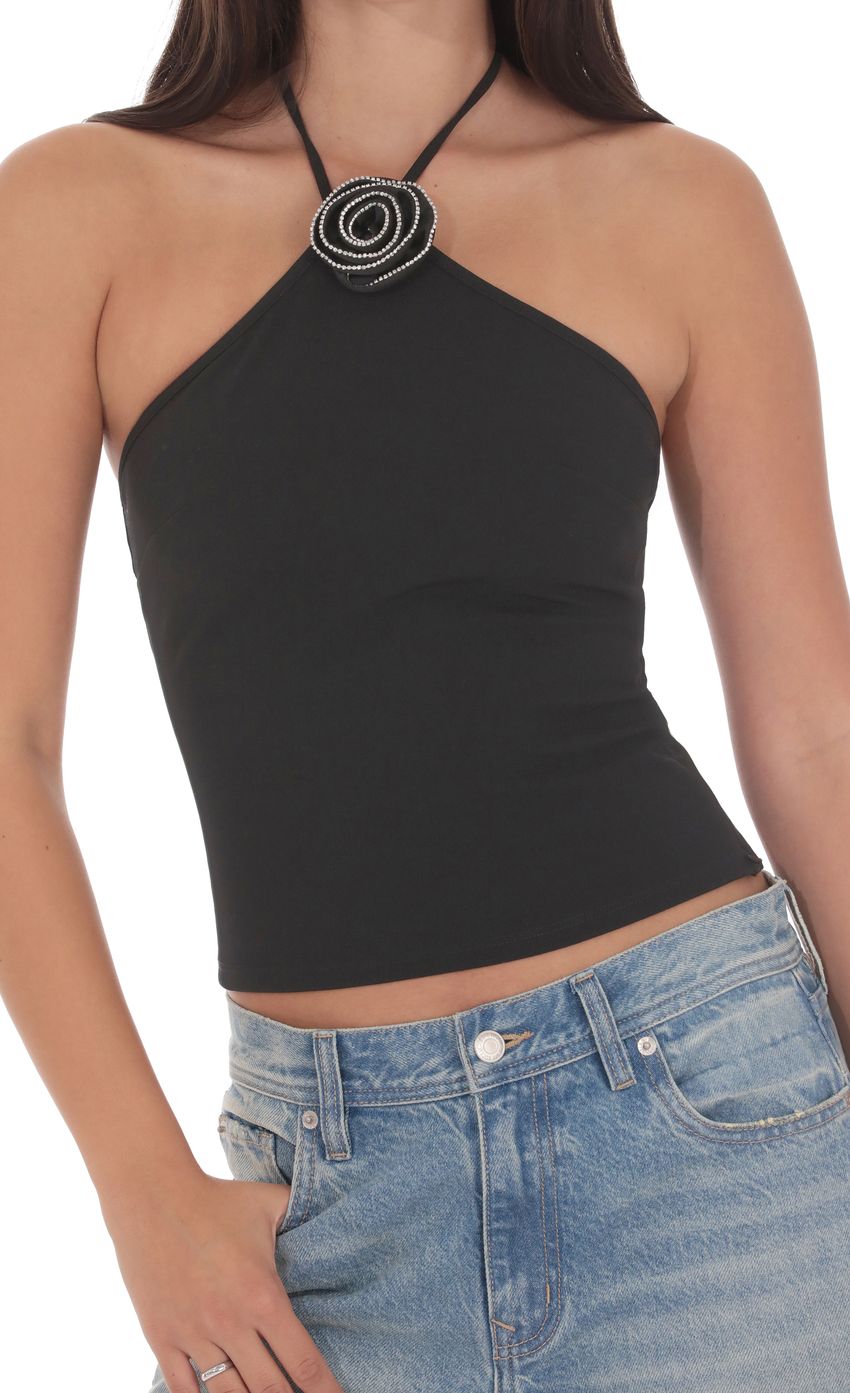 Product image for Rhinestone Rose Top in Black