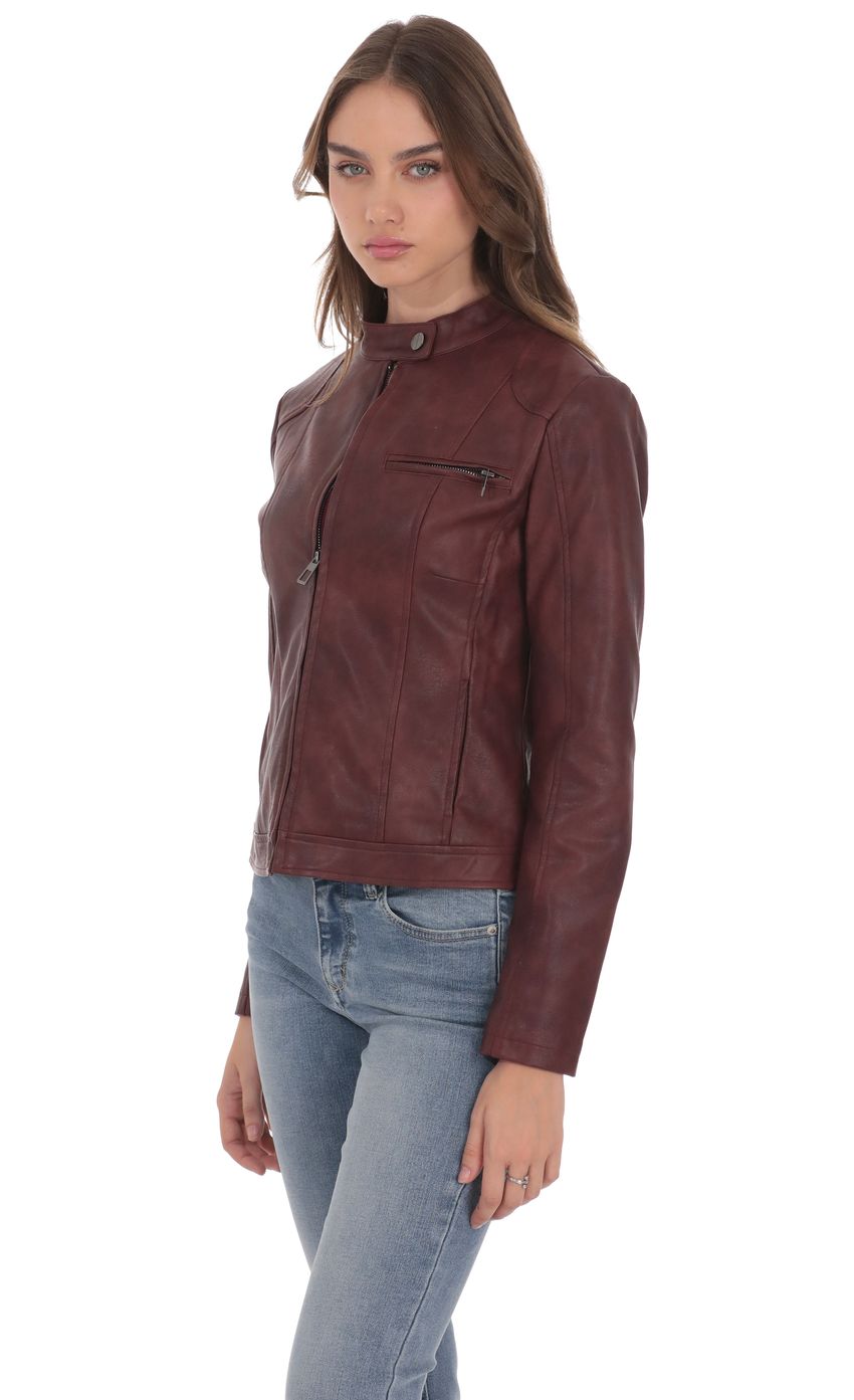 Product image for Faux Leather Biker Jacket in Burgundy