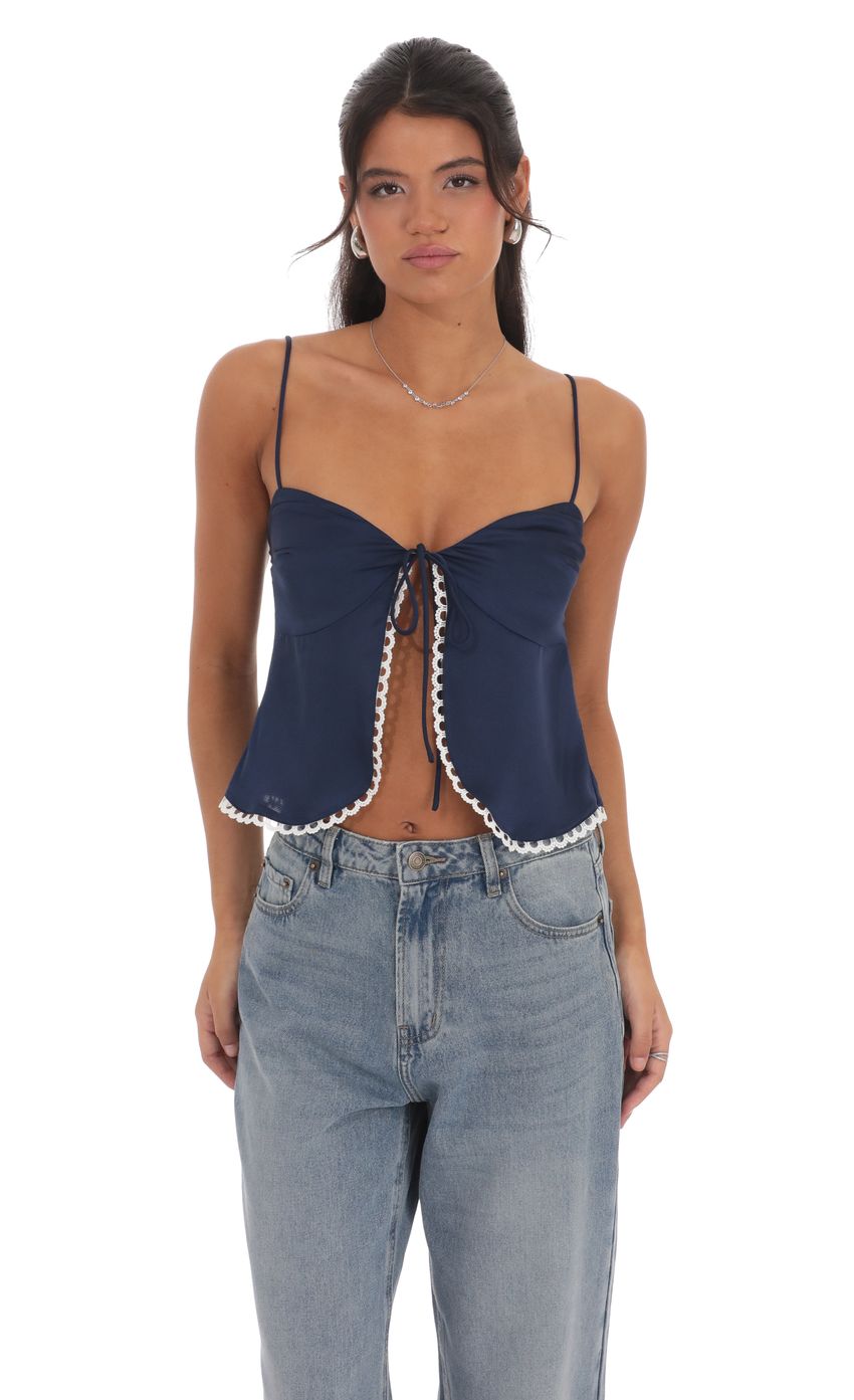 Product image for Satin Front Tie Top in Navy