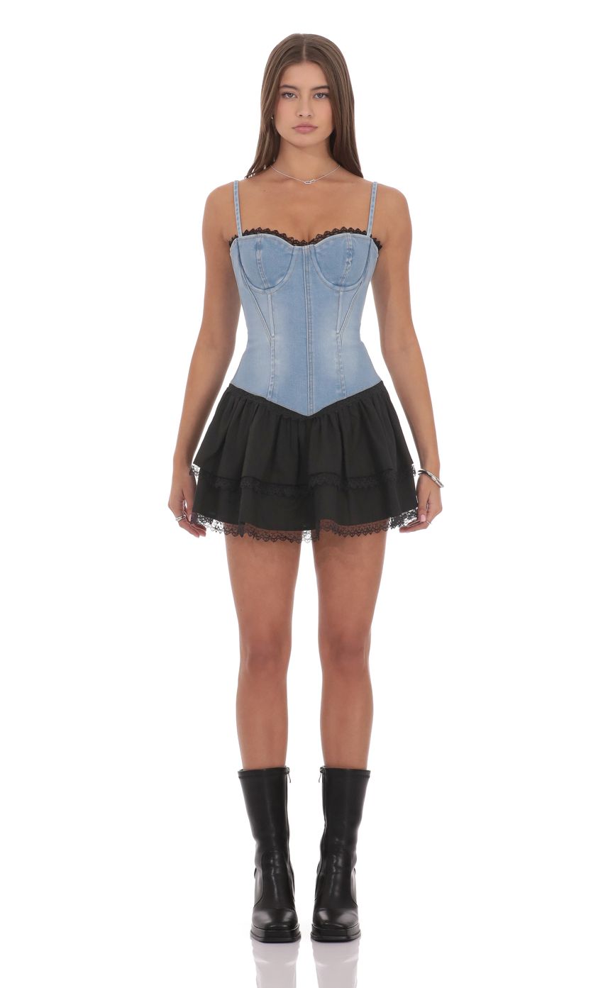 Product image for Two Toned Denim Ruffle Dress in Blue and Black