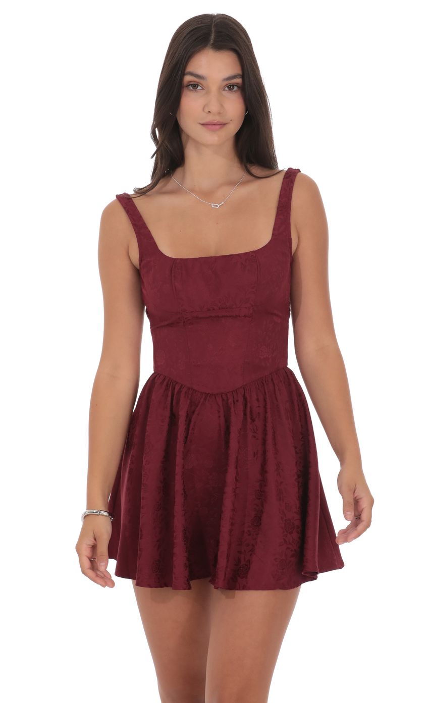 Product image for Floral Jacquard Open Back Bow Dress in Burgundy