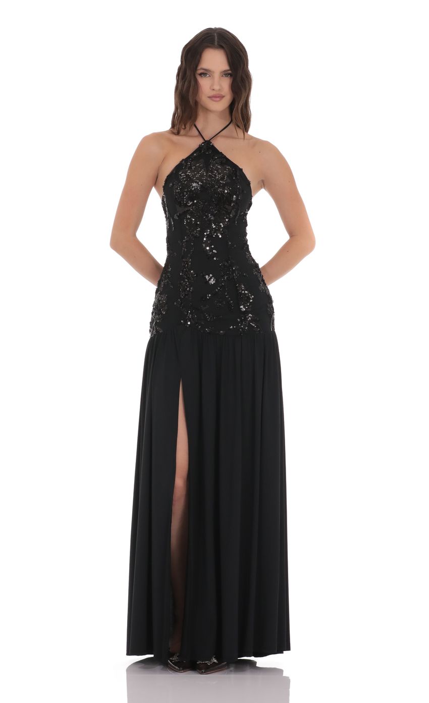 Product image for Drop Waist Sequin Maxi Dress in Black