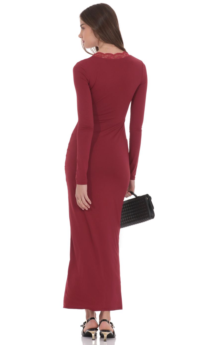 Product image for Long Sleeve Lace Trim Maxi Dress in Maroon