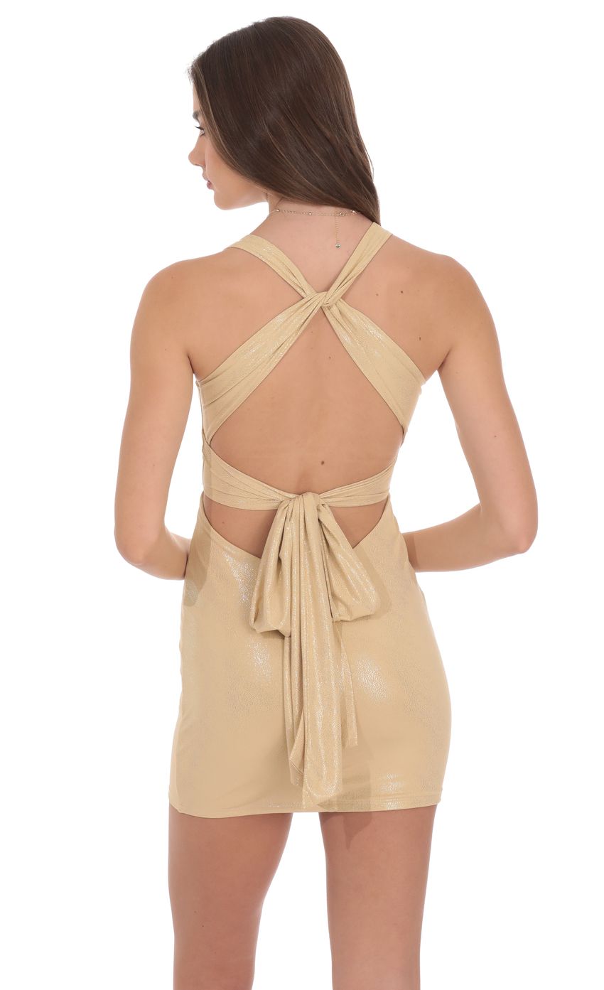 Product image for Foil Twist Open Back Dress in Gold