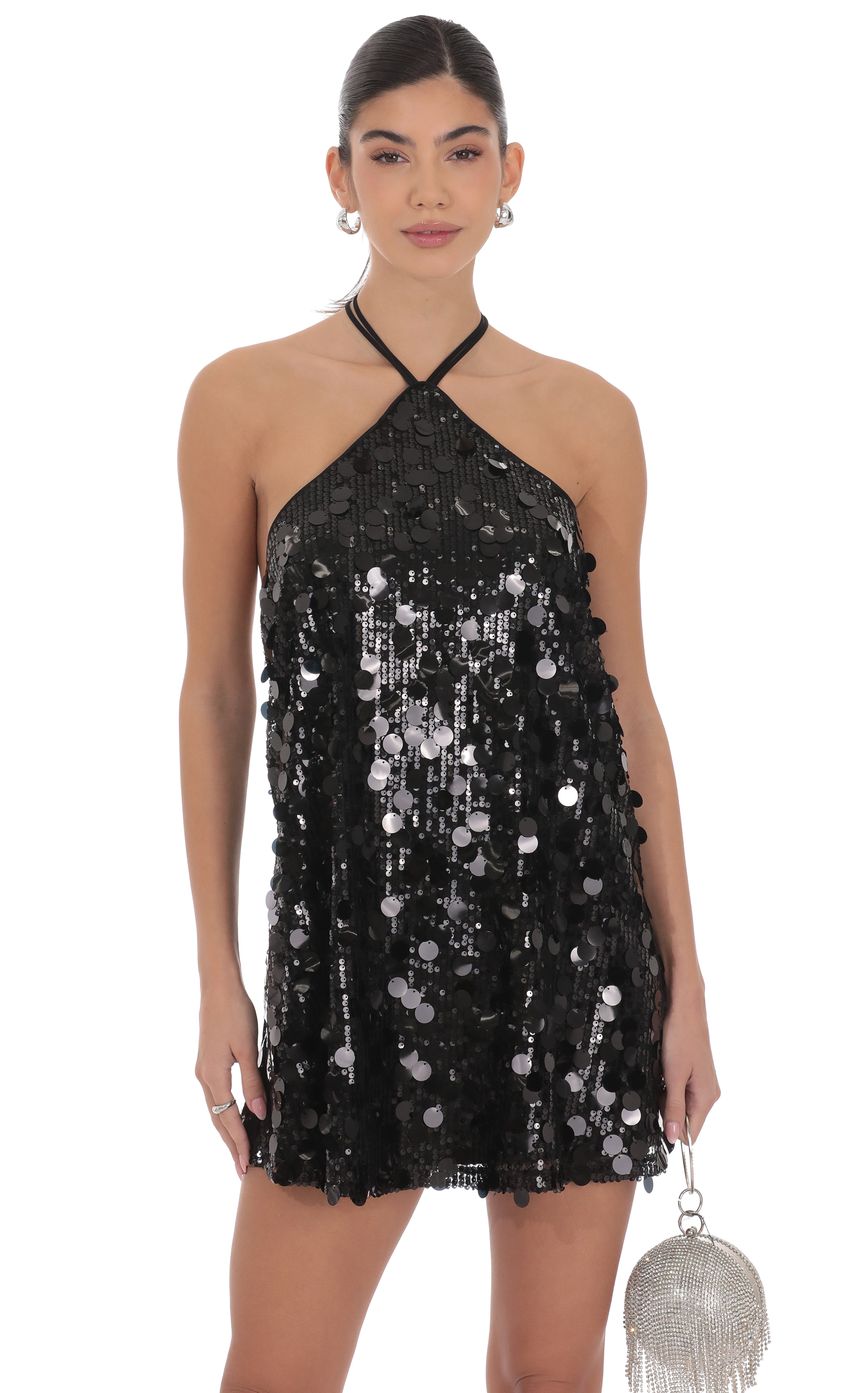 Product image for Circle Sequin Halter Shift Dress in Black