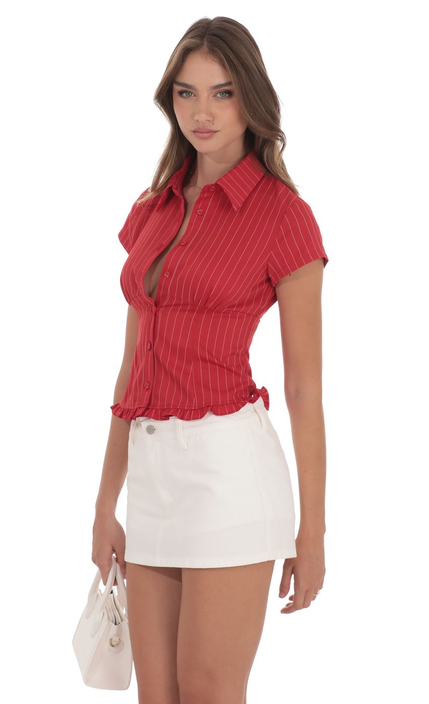 Product image for PinStripe Button-Up Ruffle Top in Red