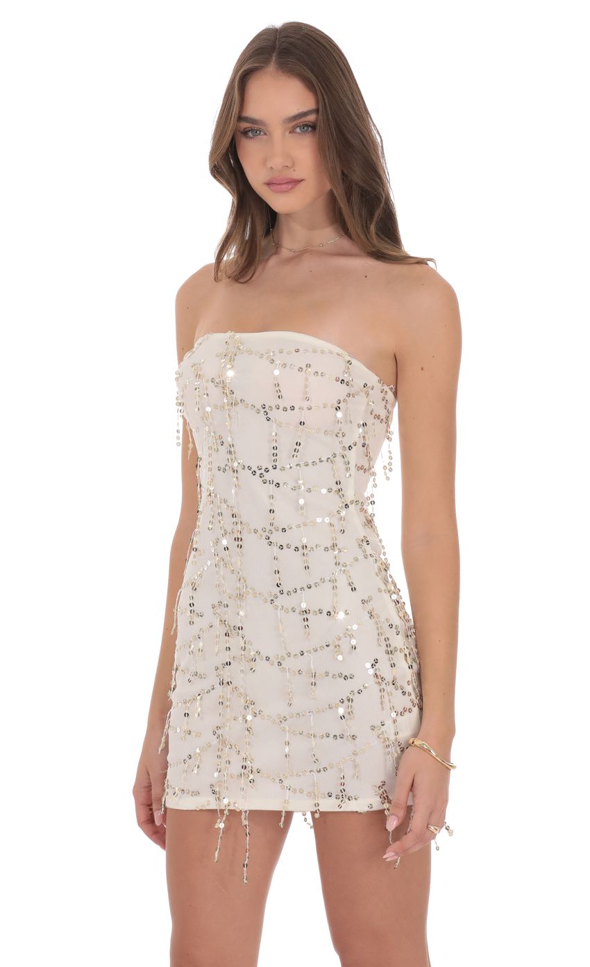 Product image for Strapless Sequin Fringe Dress in Ivory