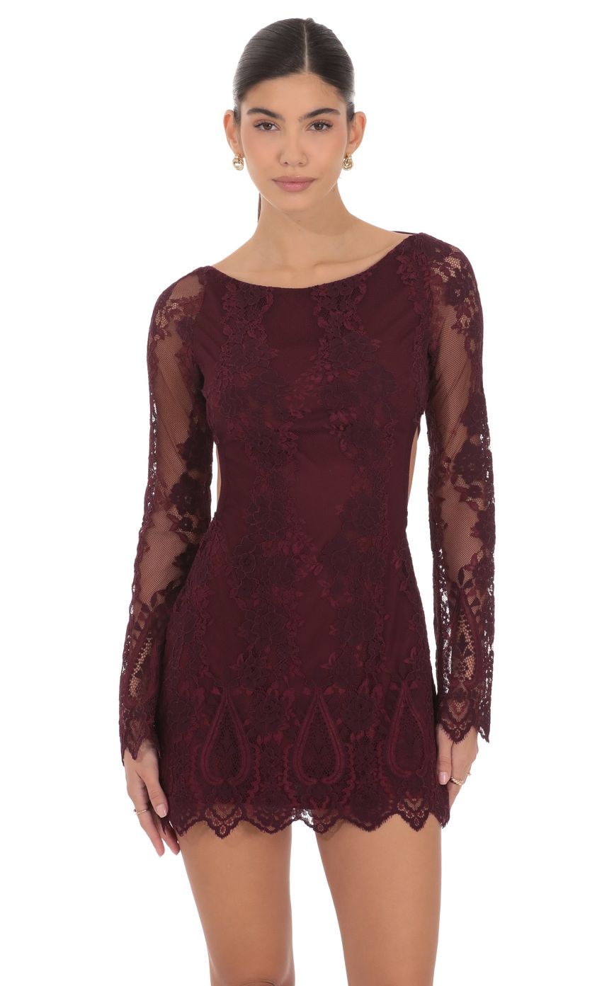 Product image for Lace Open Back Long Sleeve Dress in Burgundy