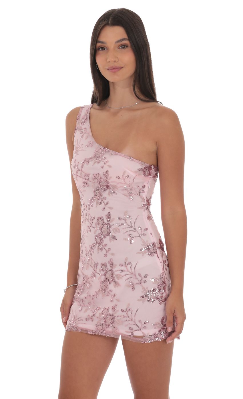 Product image for Floral Sequin One Shoulder Dress in Pink