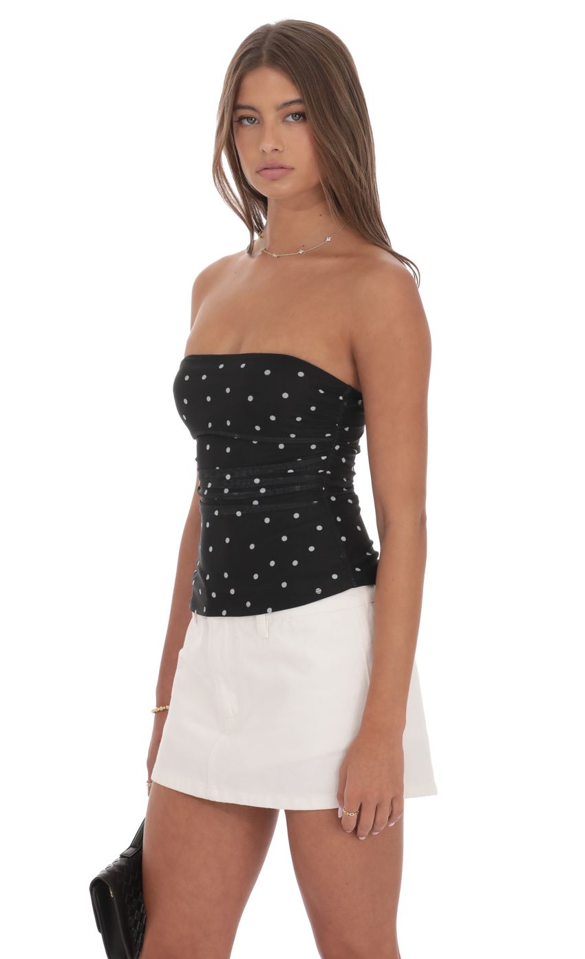Product image for Mesh Polka Dot Ruched Tube Top in Black