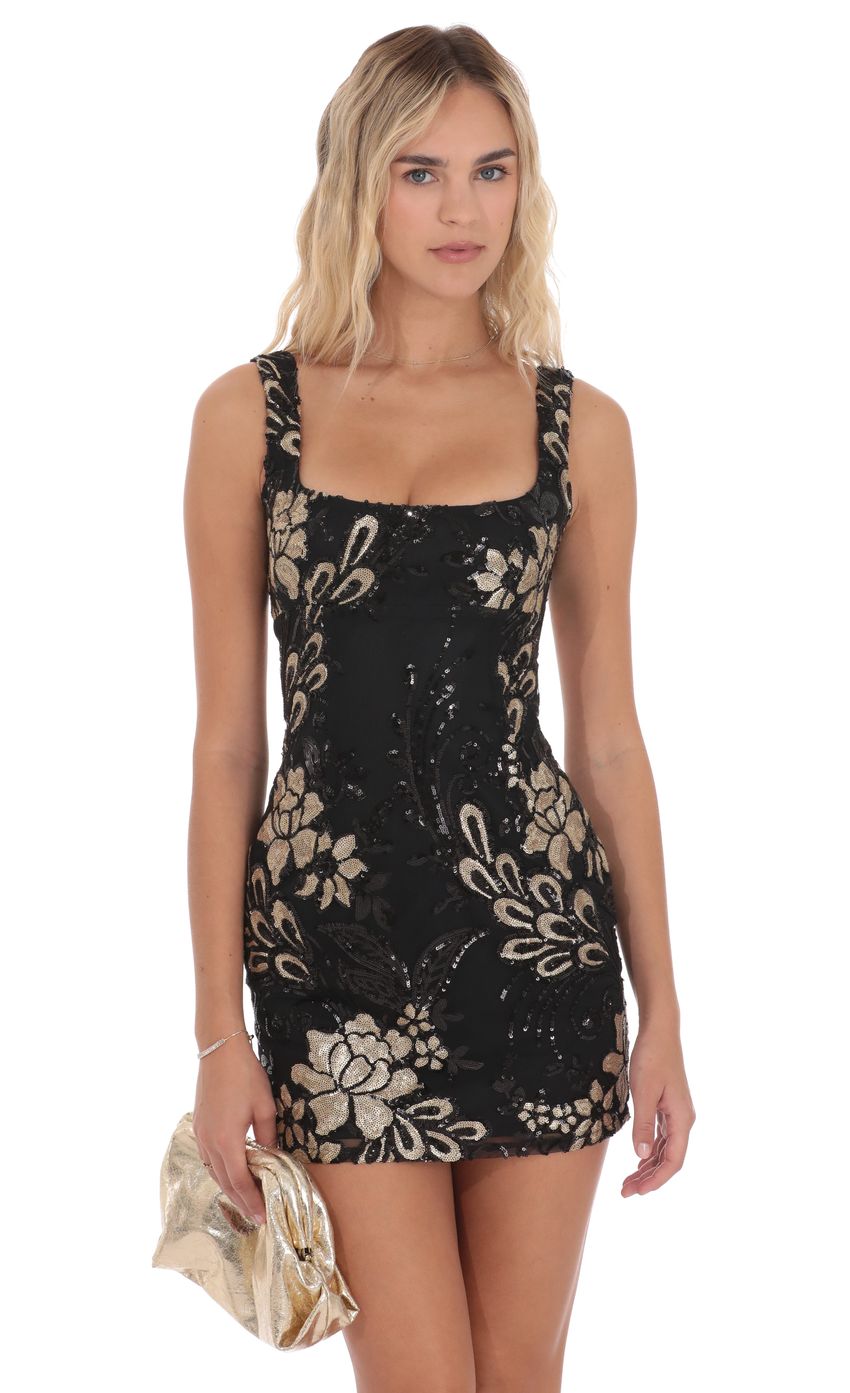 Product image for Sequin Floral Open Back Bodycon Dress in Black