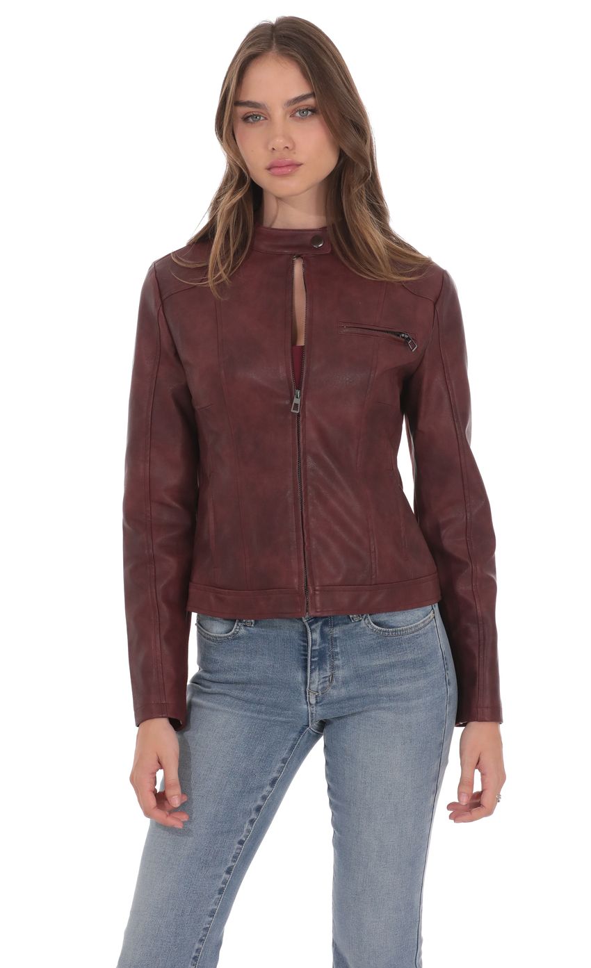 Product image for Faux Leather Biker Jacket in Burgundy