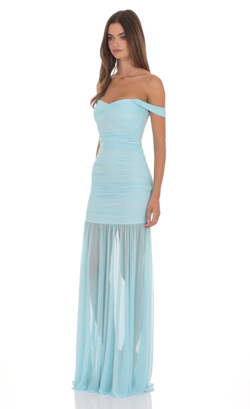 Product image for Mesh Off Shoulder Ruched Maxi Dress in Blue