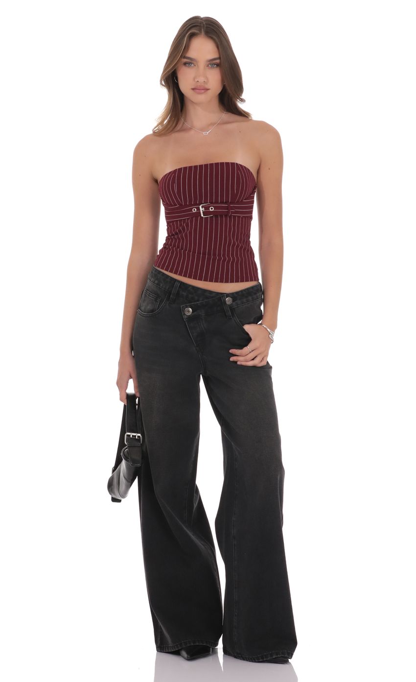 Product image for Pinstripe Strapless Buckle Top in Burgundy