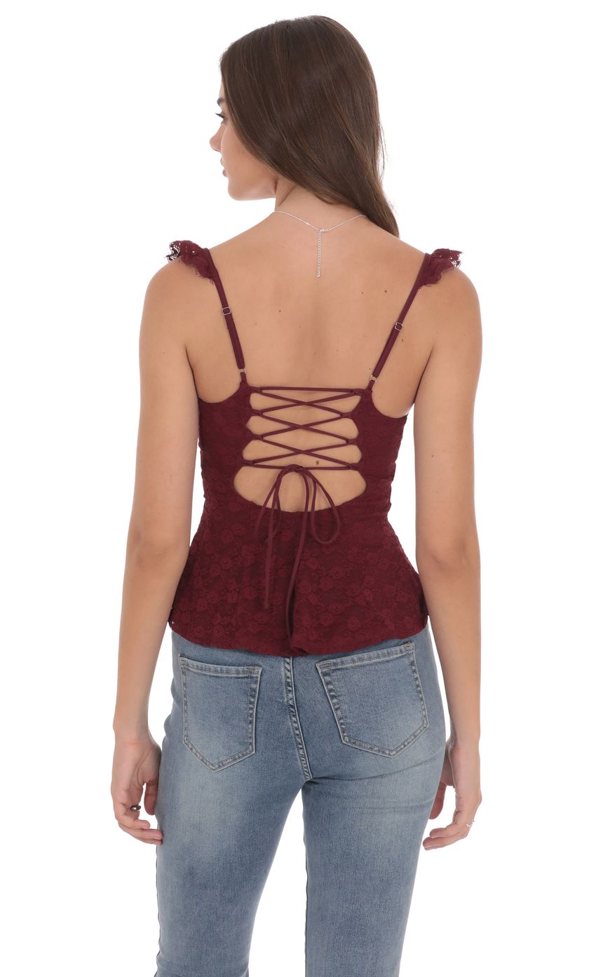 Product image for Lace Ruffle Strap Top in Burgundy