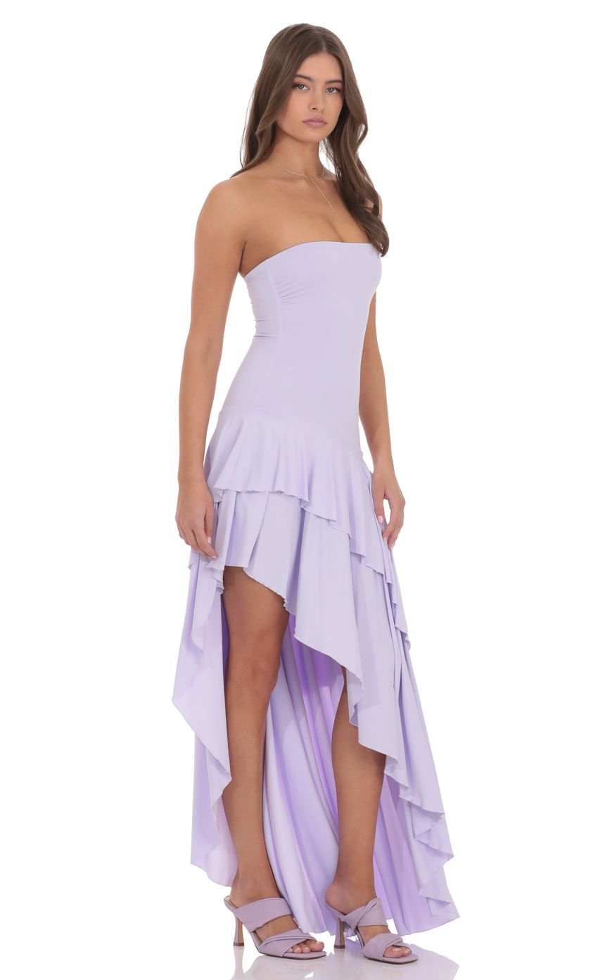 Product image for Strapless Ruffle Asymmetrical Maxi Dress in Lavender