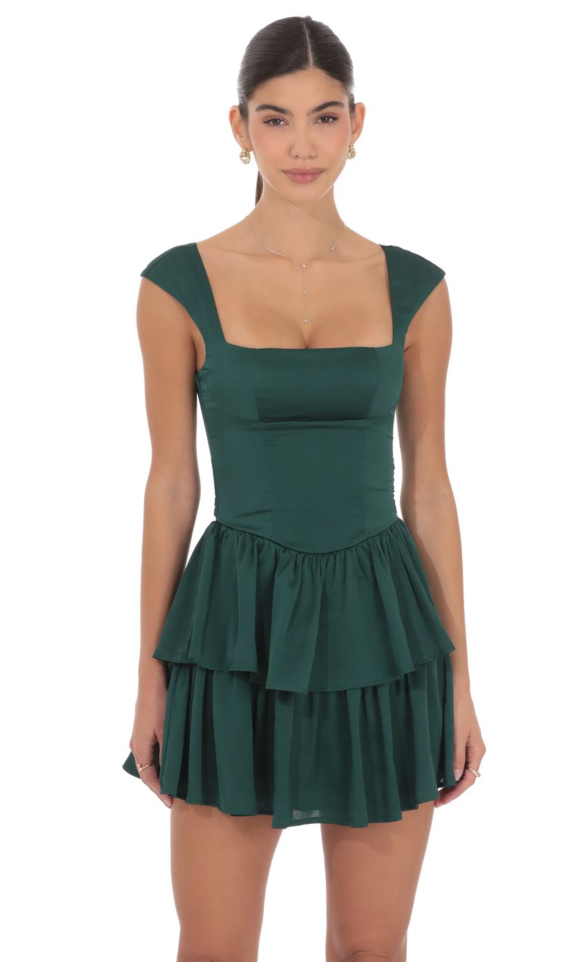 Product image for Satin Wide Strap Ruffle Dress in Green