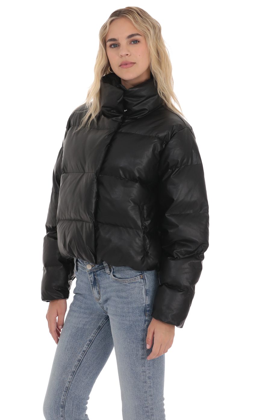 Product image for Faux Leather Puffer Jacket in Black