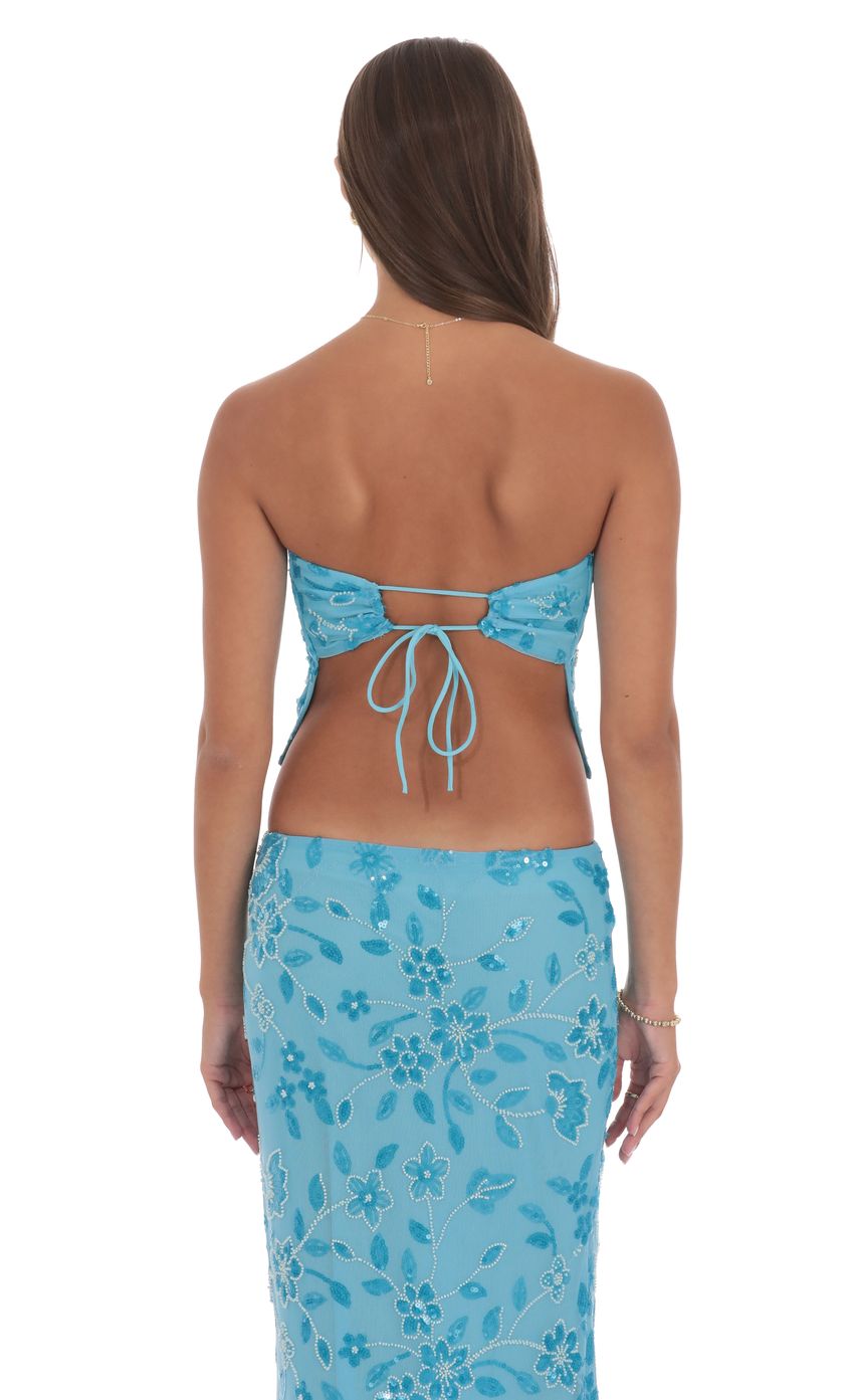 Product image for Strapless Beaded Floral Top in Aqua Blue