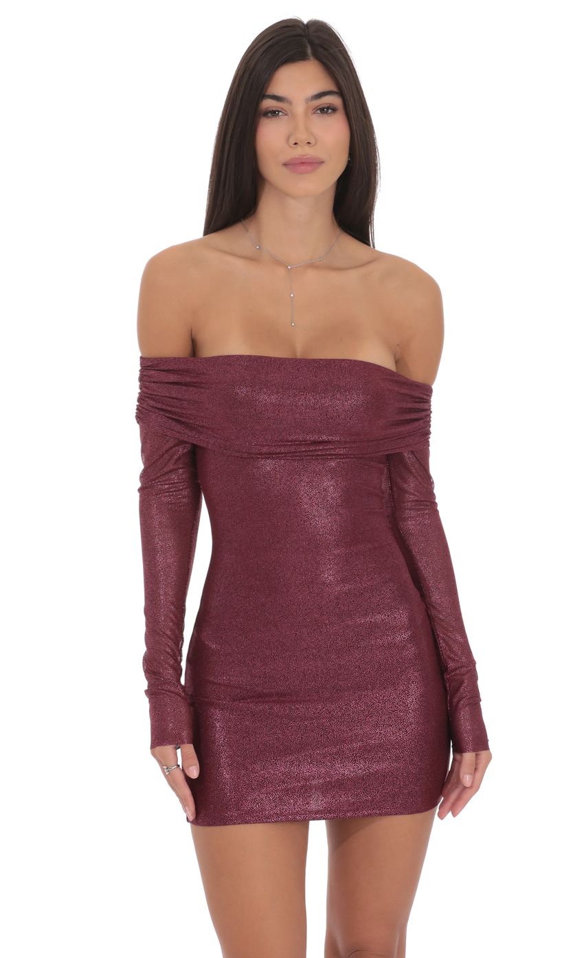 Product image for Foil Off Shoulder Dress in Burgundy
