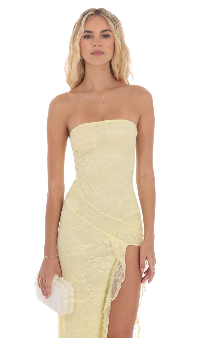 Picture Lace Ruffle Slit Maxi Dress in Yellow. Source: https://media-img.lucyinthesky.com/data/product-media/850xAUTO/911b42c4-cc97-4a71-b518-7a5c96f35aea.jpg