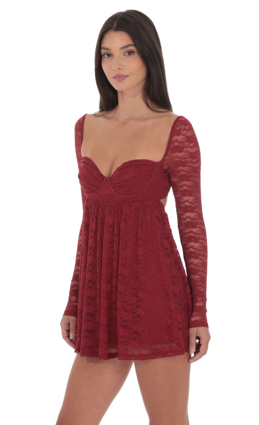 Product image for Lace Long Sleeve Babydoll Dress in Maroon