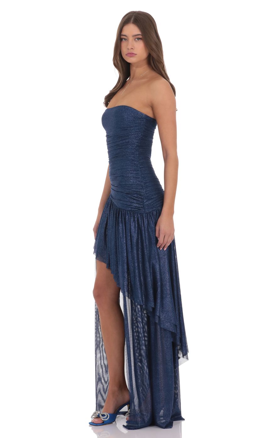 Product image for Foil Mesh Asymmetrical High Low Maxi Dress in Navy