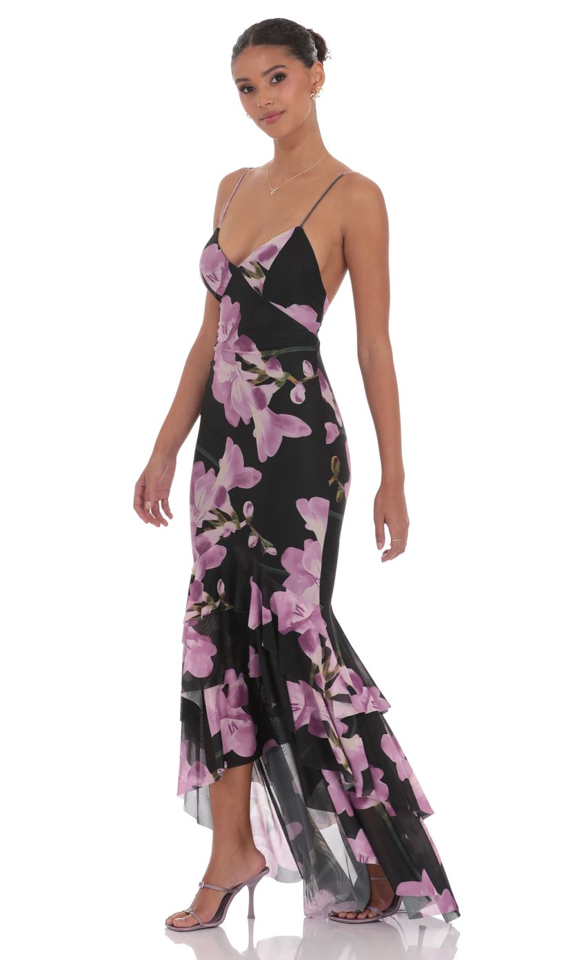 Picture Mesh Floral Ruffle Fishtail Maxi Dress in Black. Source: https://media-img.lucyinthesky.com/data/product-media/850xAUTO/91dc4657-af0b-4e34-be83-b3847672575c.jpg