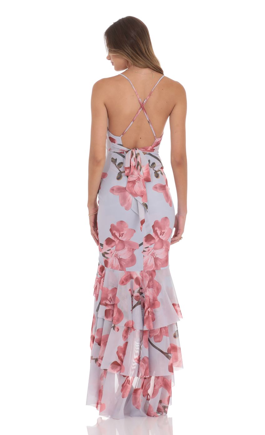 Picture Mesh Floral Ruffle Fishtail Maxi Dress in Blue. Source: https://media-img.lucyinthesky.com/data/product-media/850xAUTO/93b21169-df36-4a33-a0f7-30a992c1ad65.jpg