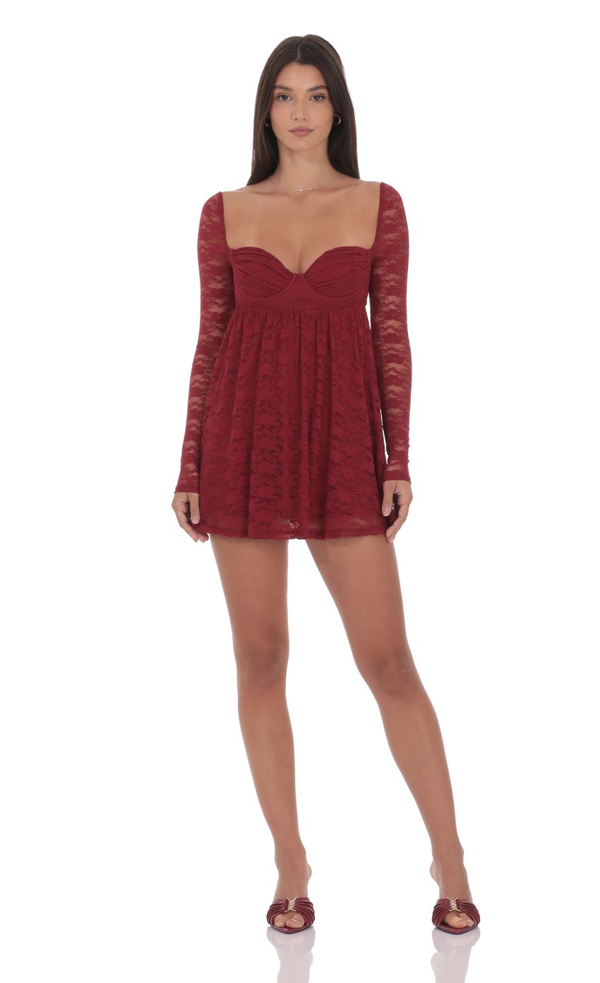 Product image for Lace Long Sleeve Babydoll Dress in Maroon