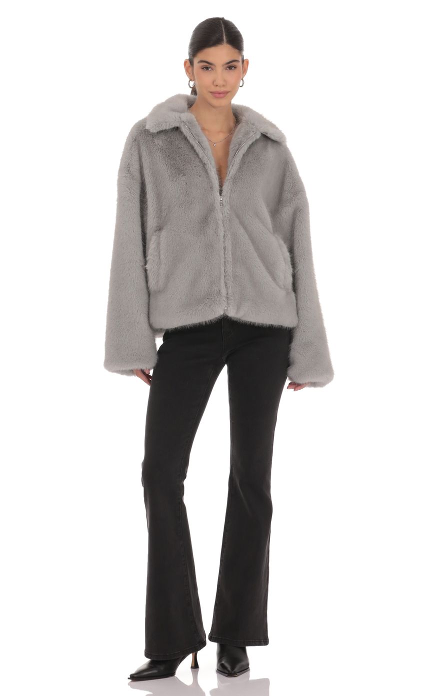 Product image for Zip-Up Faux Fur Jacket in Grey
