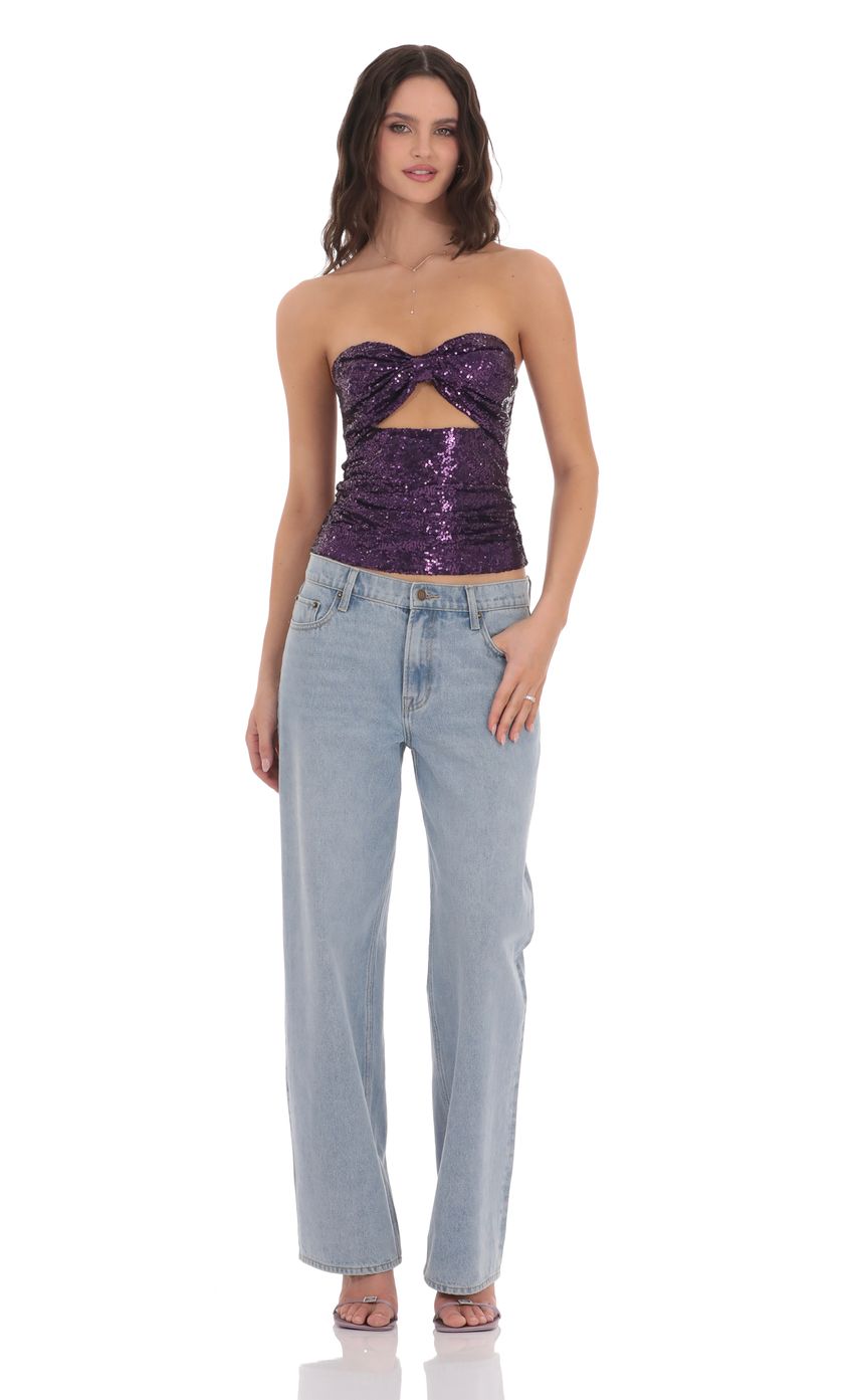 Picture Sequin Cutout Strapless Top in Purple. Source: https://media-img.lucyinthesky.com/data/product-media/850xAUTO/9588cb11-f8ca-4ddc-a031-af12703864af.jpg