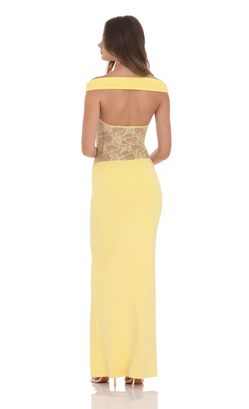 Picture Off Shoulder Lace Cutout Maxi Dress in Yellow. Source: https://media-img.lucyinthesky.com/data/product-media/850xAUTO/95bd49f7-f866-45e2-a6a1-5cc1ca350578.jpg