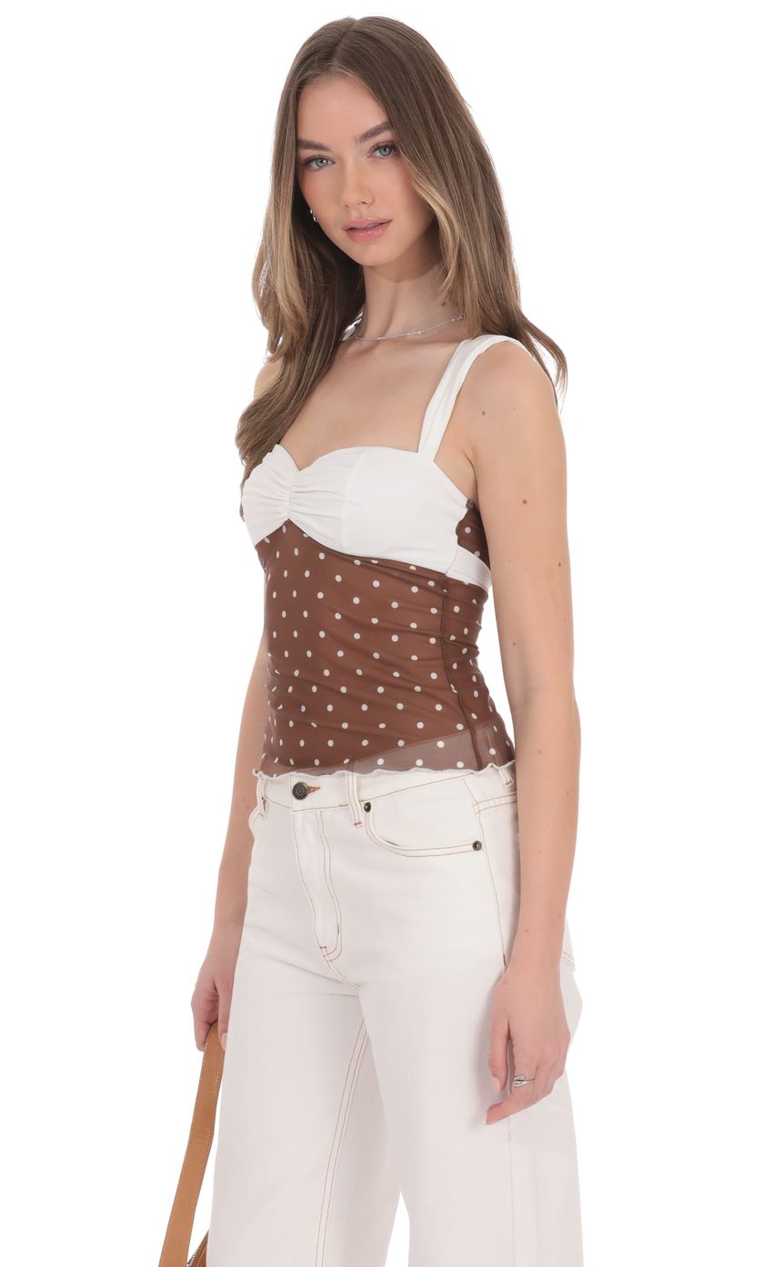 Product image for Two-Toned Mesh Polka Dot Top in Brown and White