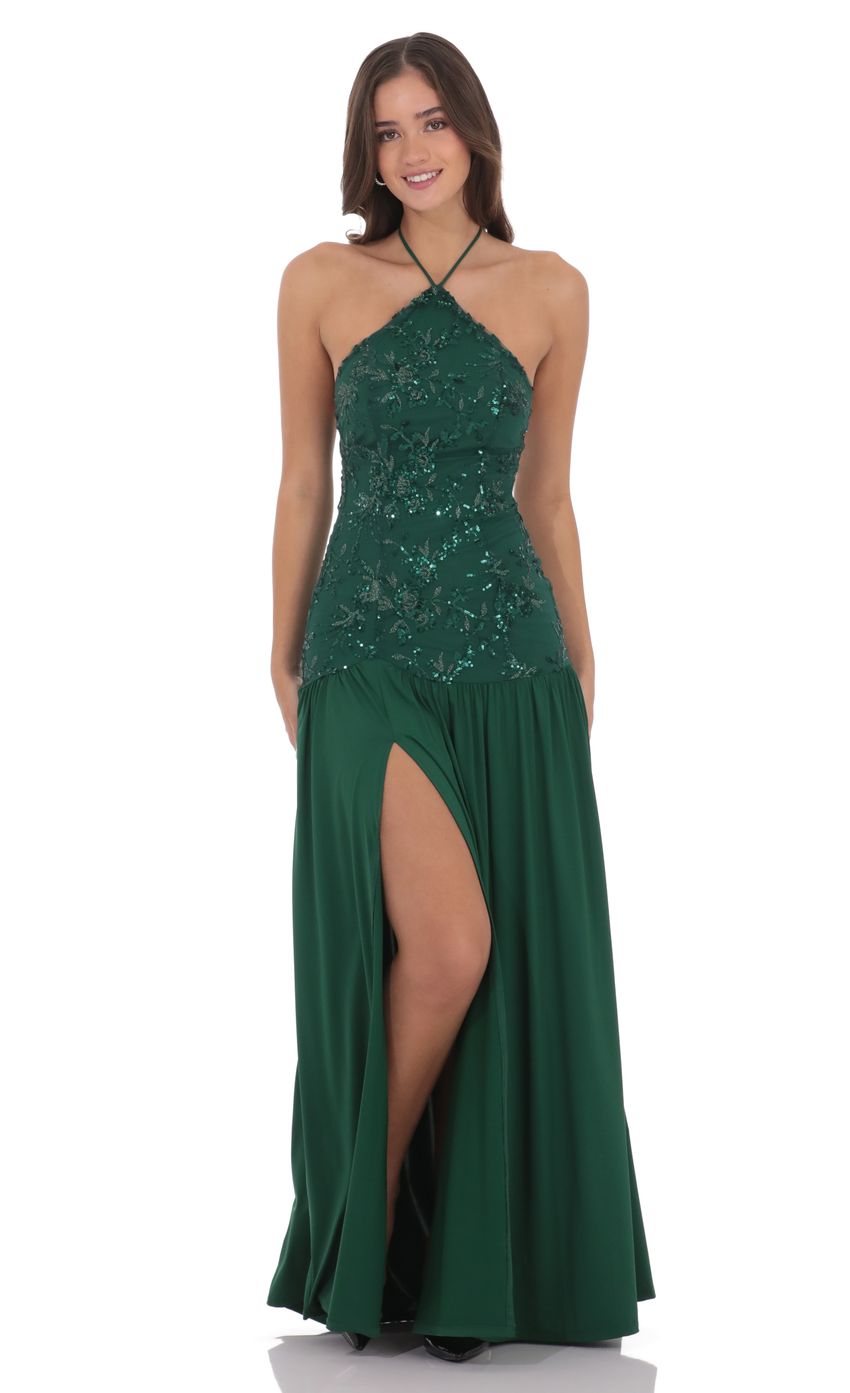 Product image for Drop Waist Sequin Maxi Dress in Green