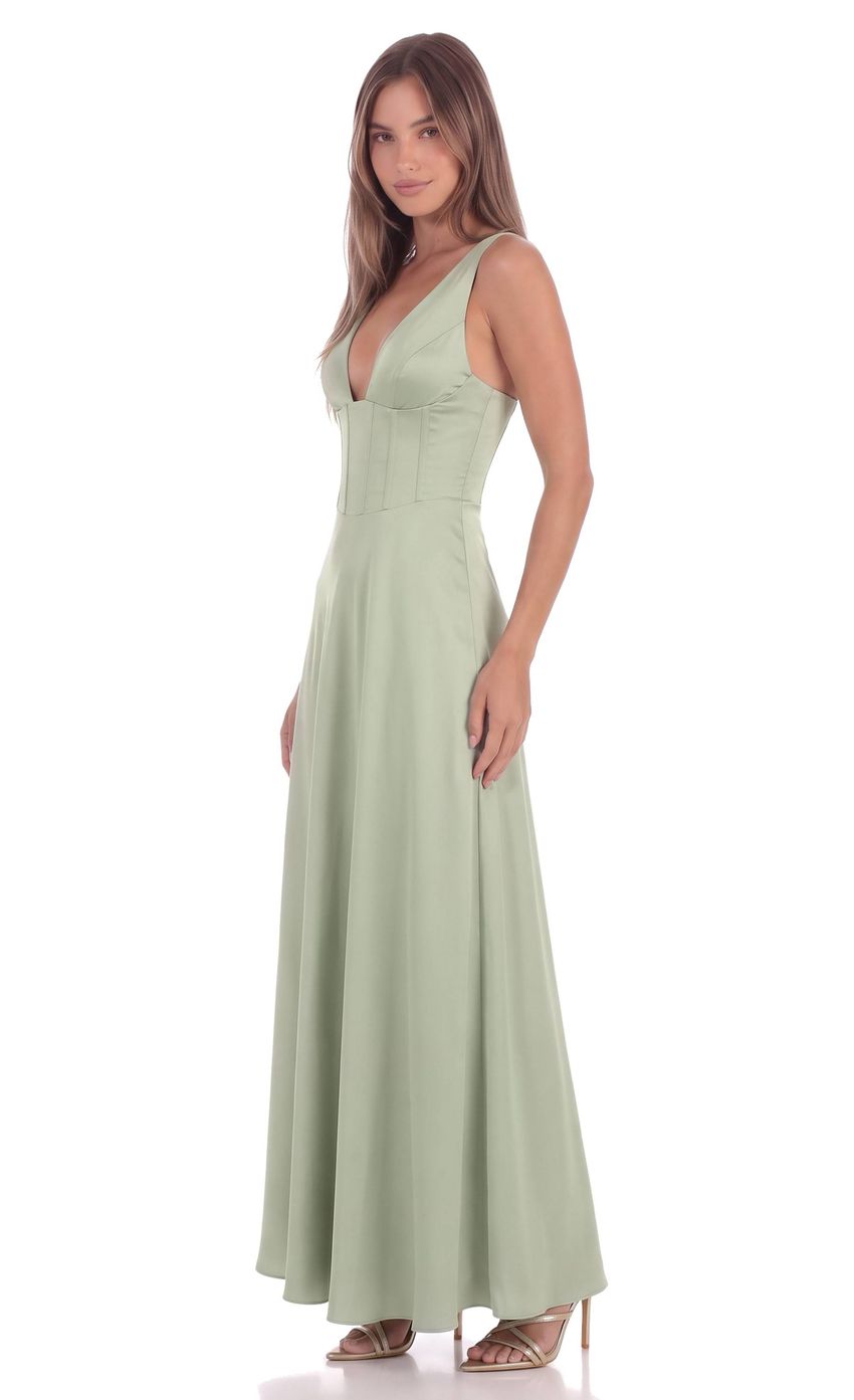 Product image for Satin Plunge Neck Corset Maxi Dress in Sage