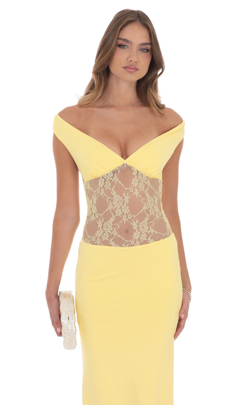 Picture Off Shoulder Lace Cutout Maxi Dress in Yellow. Source: https://media-img.lucyinthesky.com/data/product-media/850xAUTO/9760328d-c044-487e-8f33-6556d0f30f34.jpg