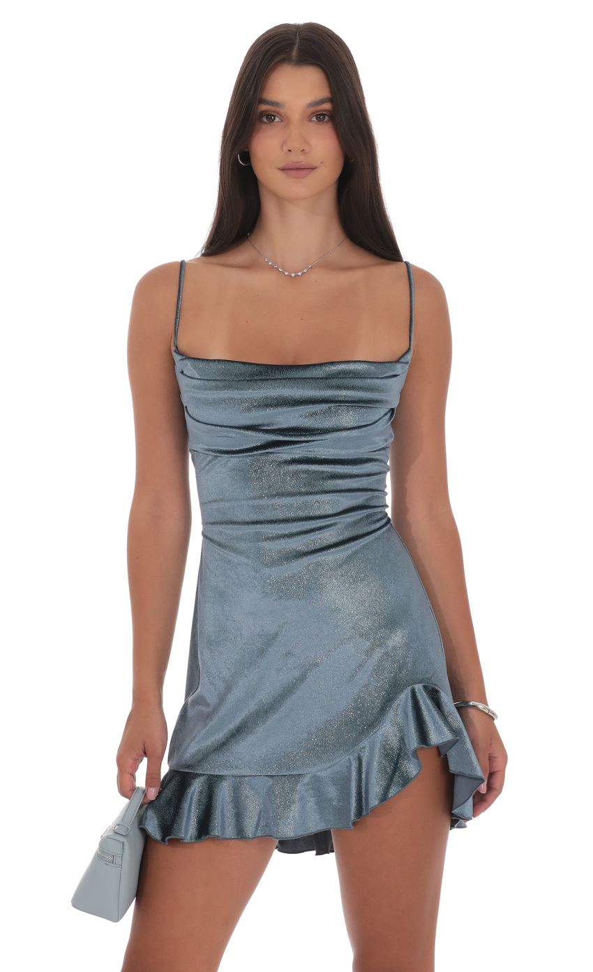 Product image for Foil Velvet Ruffled Slit Dress in Blue