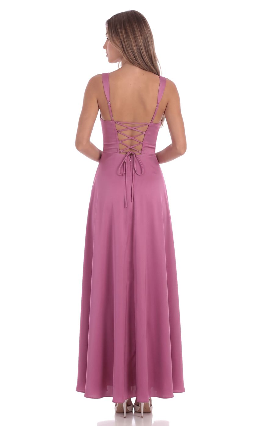 Product image for Satin Plunge Neck Corset Maxi Dress in Magenta