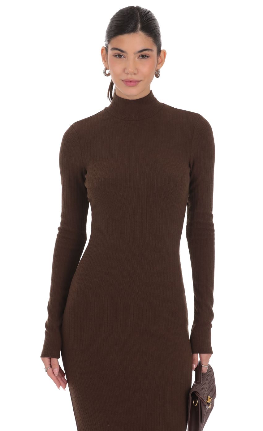 Product image for Ribbed Knit Mock Neck Maxi Dress in Brown