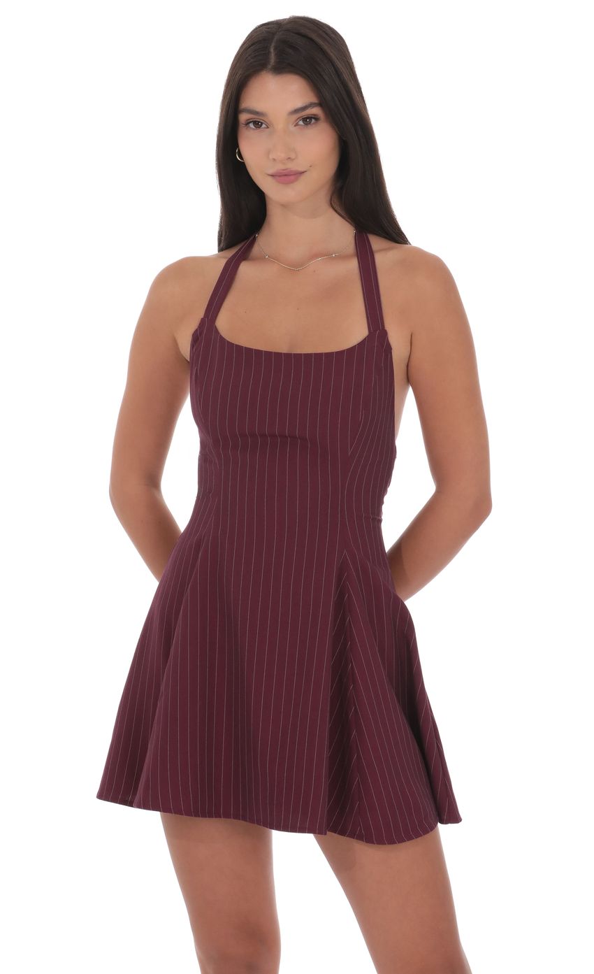 Product image for Pinstripe Halter Fit and Flare Dress in Burgundy