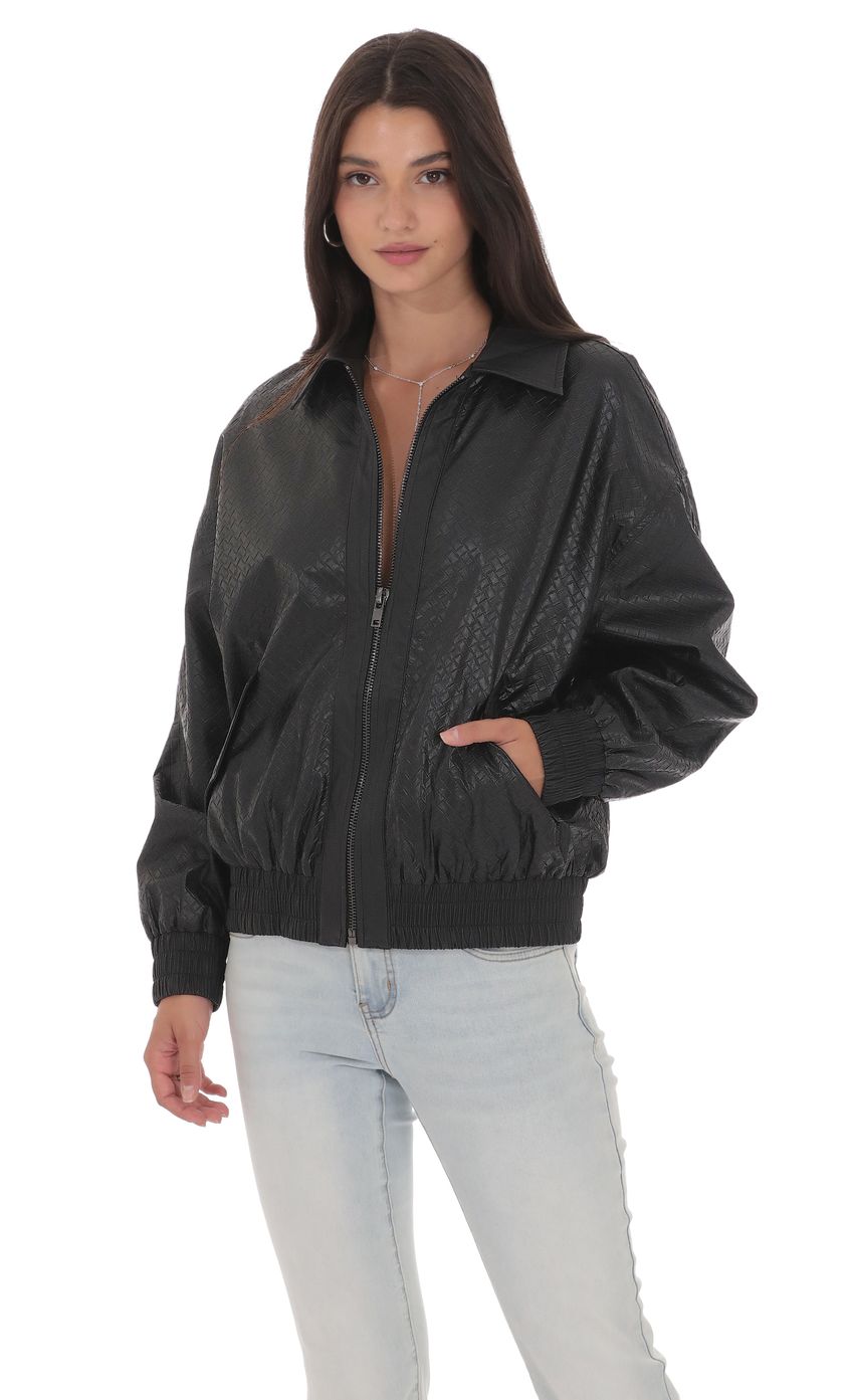 Product image for Woven Faux Leather Bomber Jacket in Black