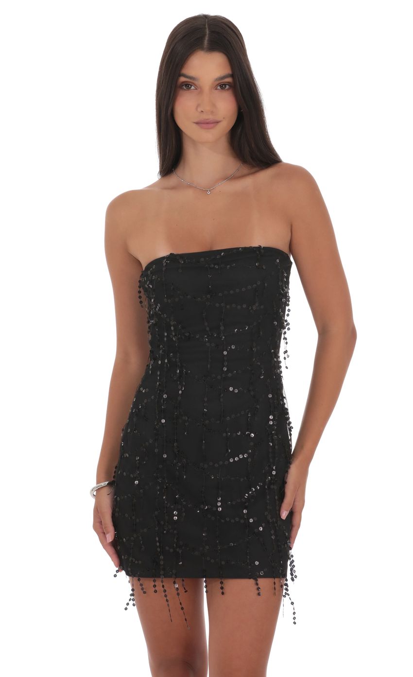 Product image for Strapless Sequin Fringe Dress in Black