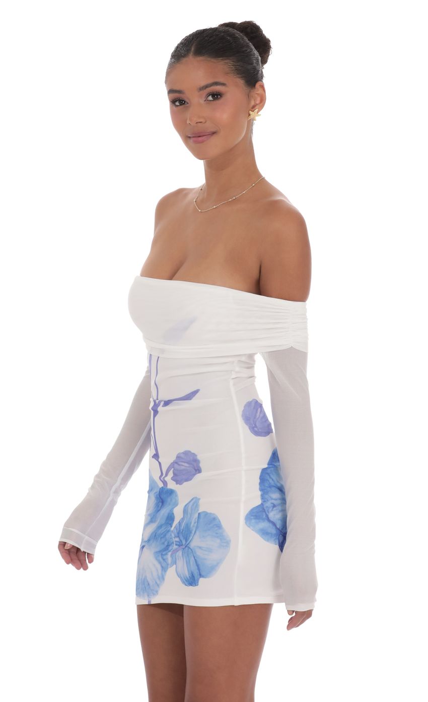 Picture Floral Mesh Off Shoulder Dress in White. Source: https://media-img.lucyinthesky.com/data/product-media/850xAUTO/99e8b7d4-1d78-462c-b7d7-be015394e99c.jpg