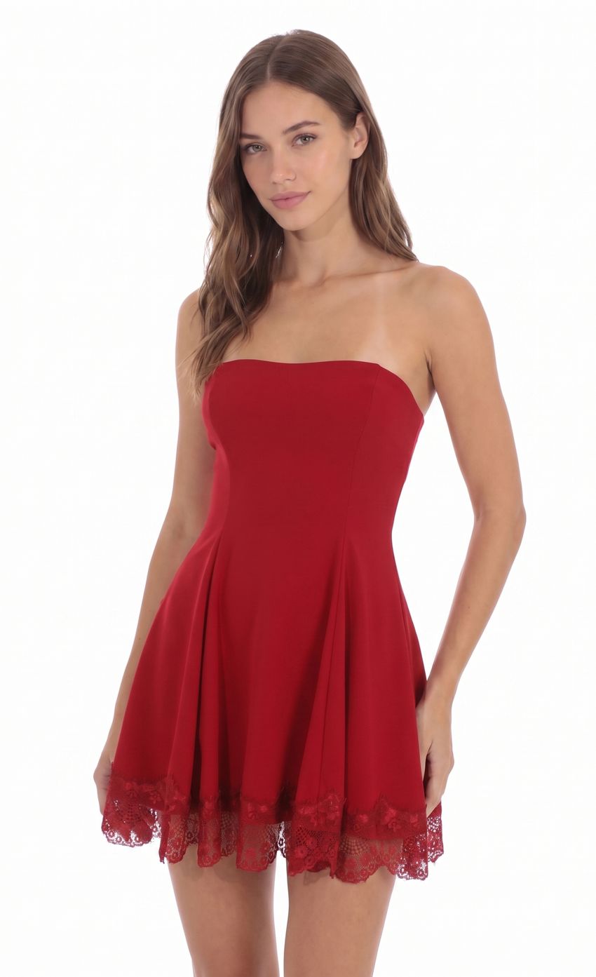 Product image for Strapless Dress with Lace-trim Hem in Red