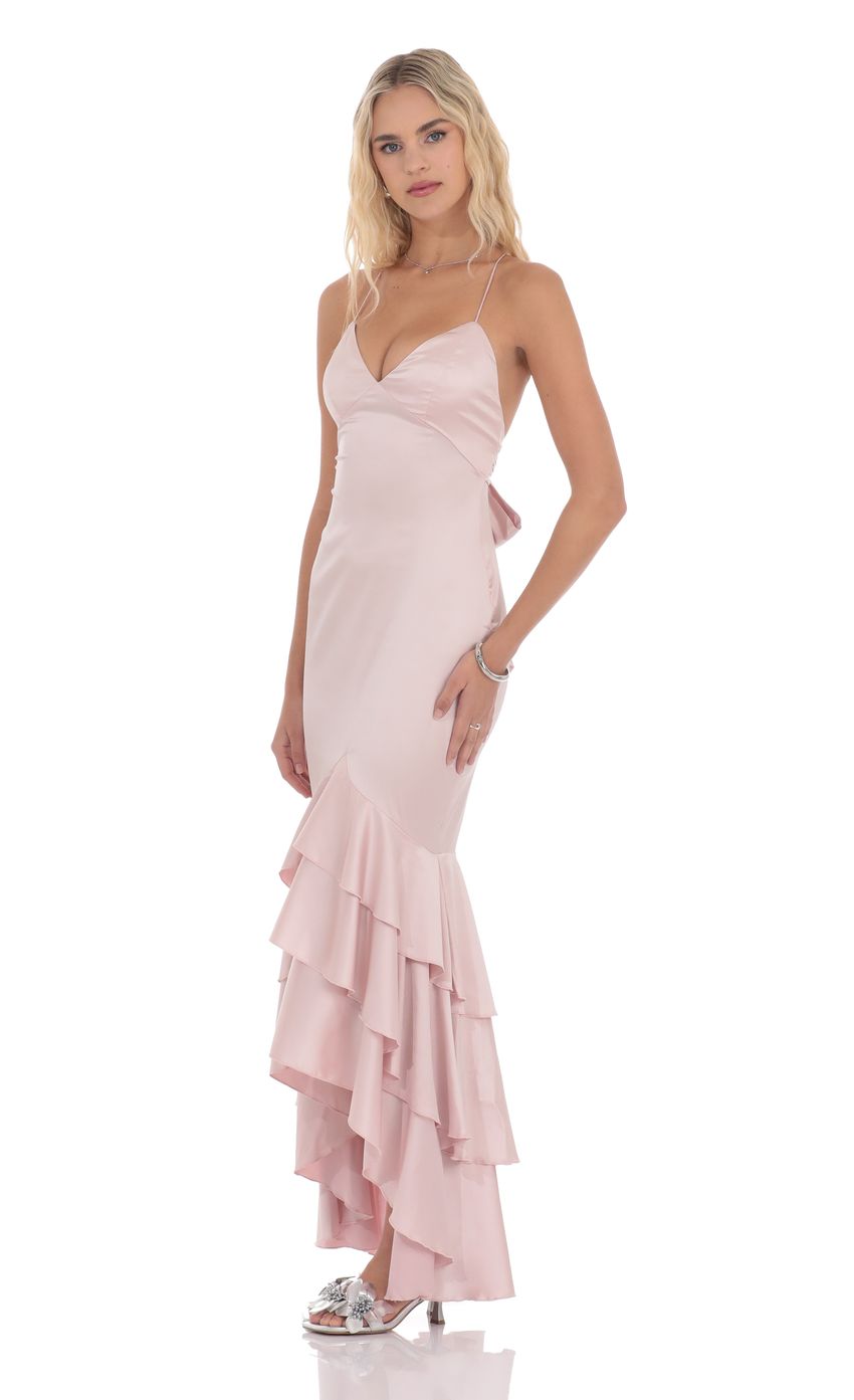 Picture Satin Ruffle Fishtail Maxi Dress in Pink. Source: https://media-img.lucyinthesky.com/data/product-media/850xAUTO/9af21ccf-ebfc-42e0-8afd-b93ff751e007.jpg