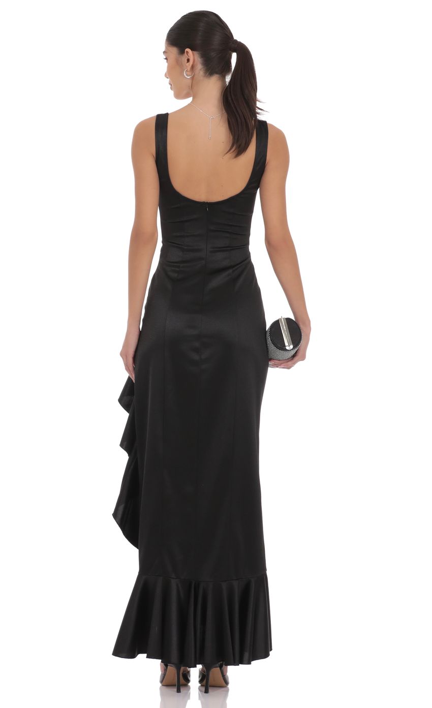 Product image for Satin Ruched Ruffle Slit Maxi Dress in Black