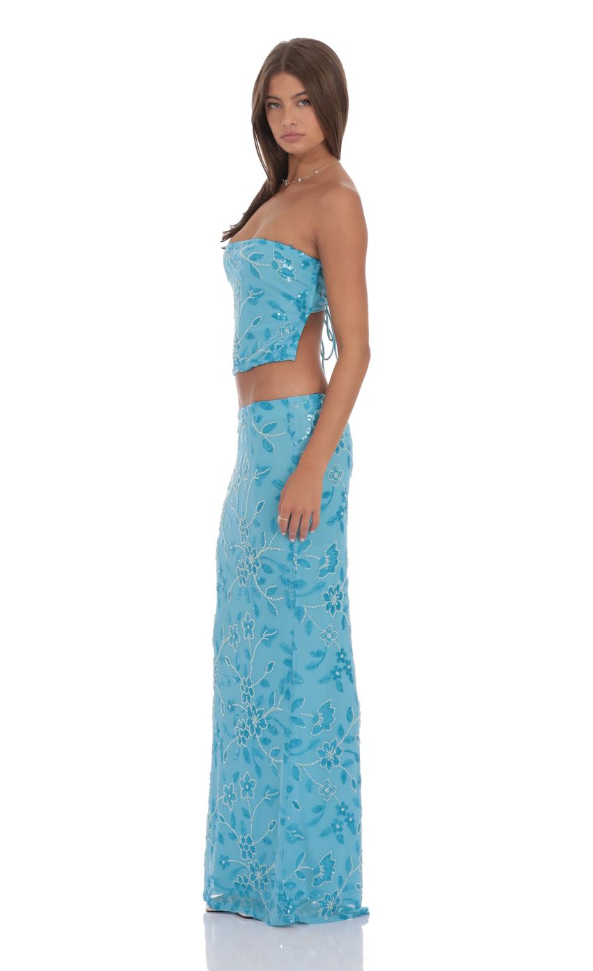 Product image for Sequin Beaded Floral Maxi Skirt in Aqua Blue