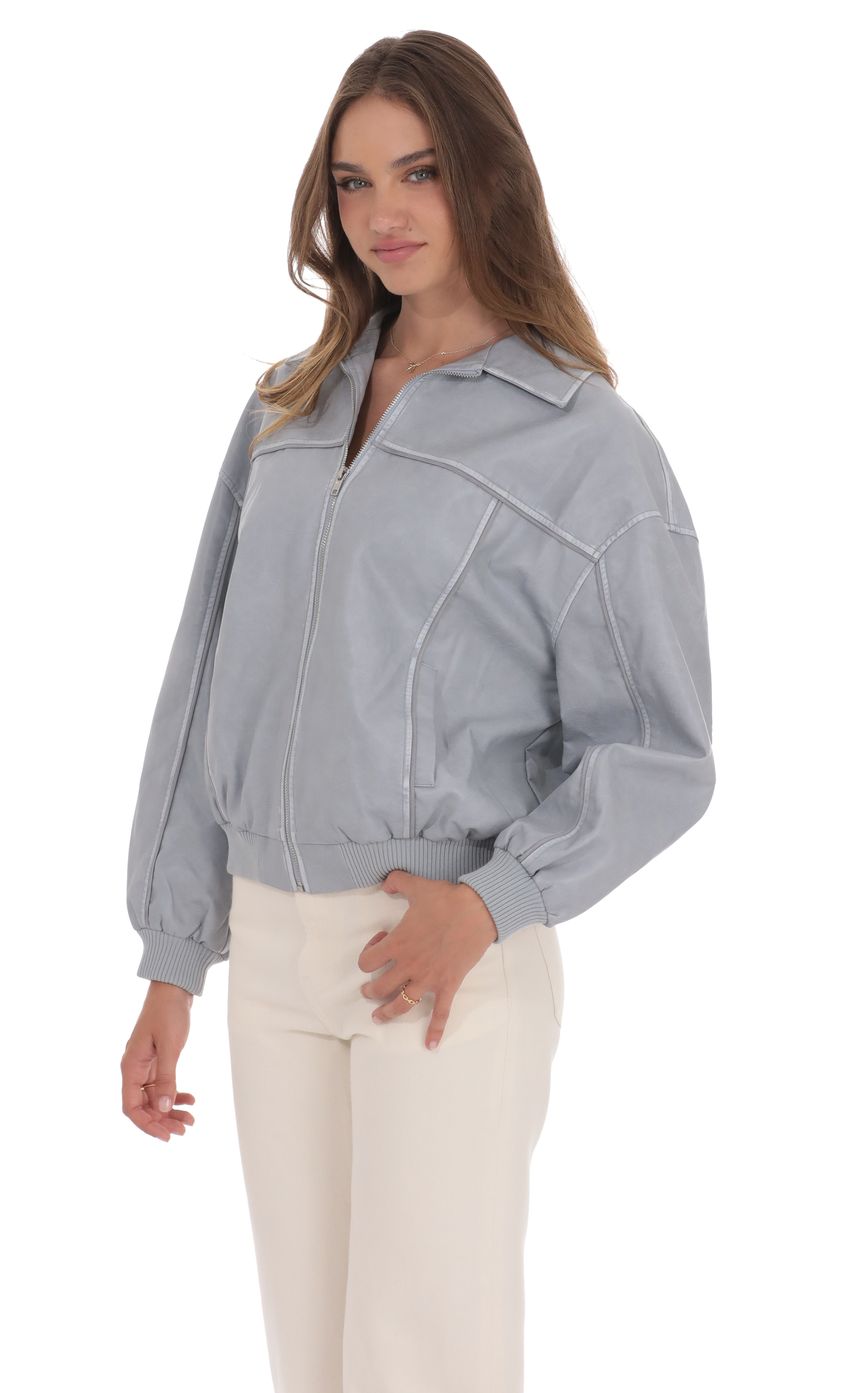 Product image for Faux Leather Bomber in Ash Blue