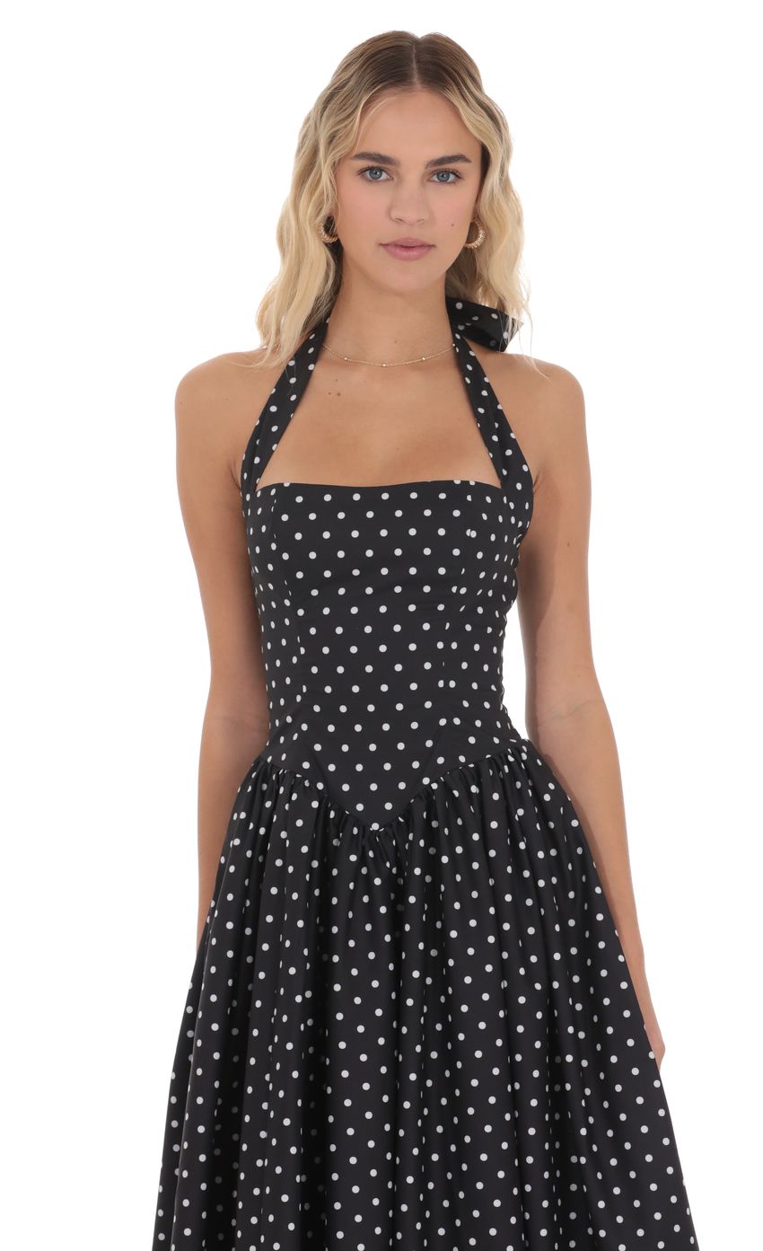 Product image for Polka Dot Halter Midi Dress in Black